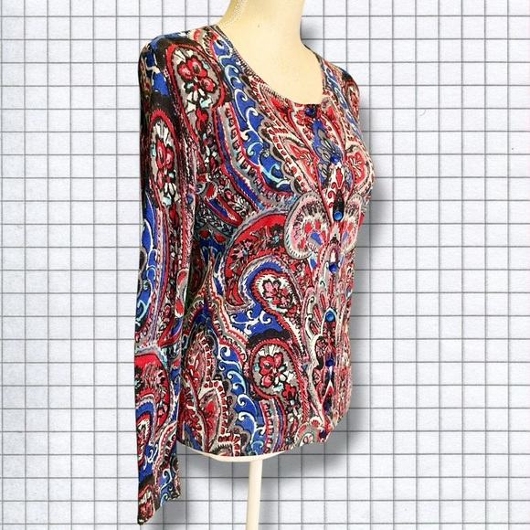 Talbots 100% Merino Wool Blue & Red Multicolor Brushed Paisley Cardigan Size S - Picture 12 of 12